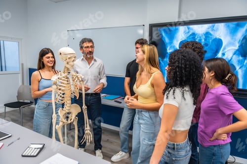 Preview: Professor teaching anatomy to students with skeleton model in classroom