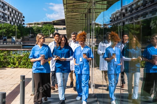 Preview: Diverse medical team walking together outside hospital building