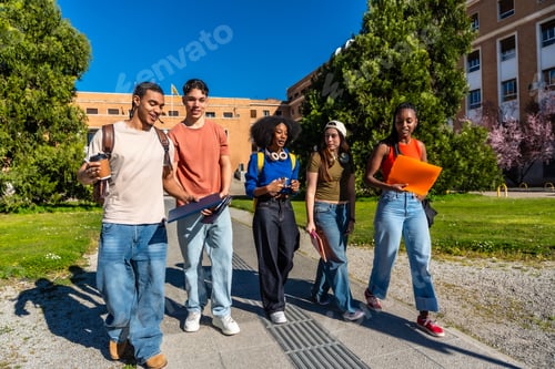 Preview: Diverse students walking on university campus, holding books