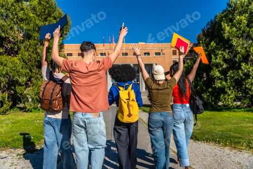 Preview: Group of diverse students celebrating successful graduation on university campus