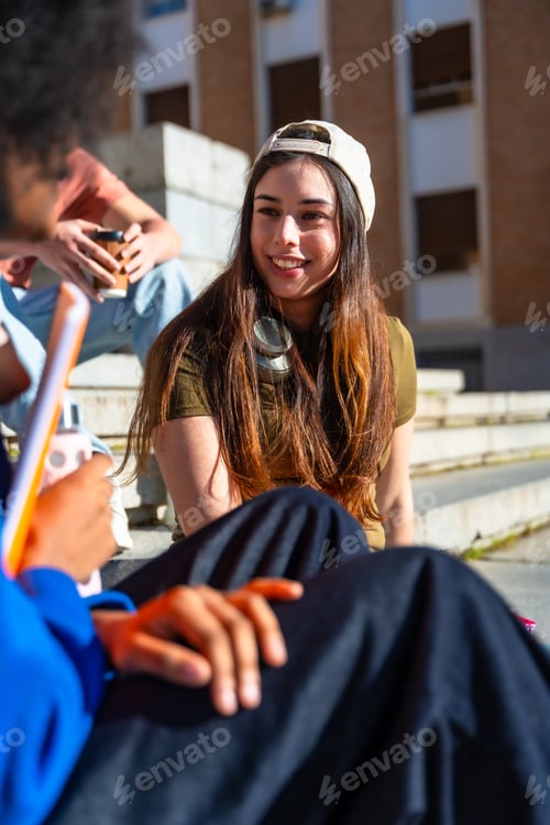 Preview: Young students talking and studying on campus outdoor stairs