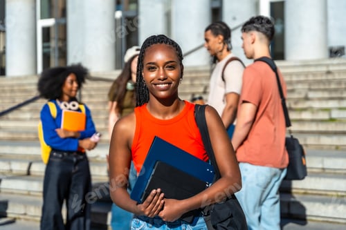 Preview: Smiling female student standing on university campus