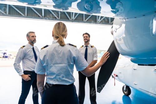 Preview: Pilots team discussing aviation safety in airplane hangar