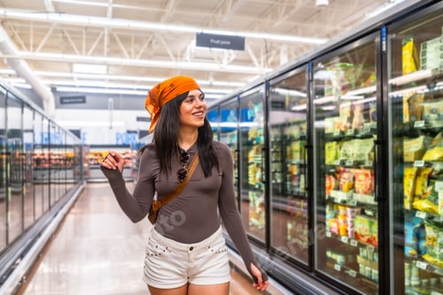 Preview: Young woman shopping for groceries in supermarket freezer aisle