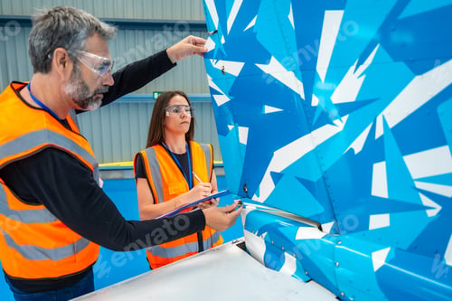 Preview: Aviation engineers inspecting aircraft tail plane in hangar