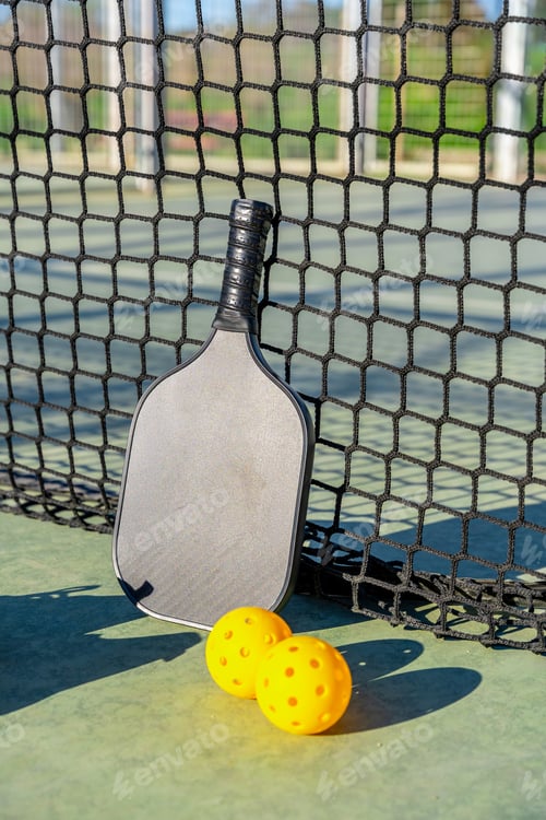 Preview: Pickleball paddle and balls resting by court net