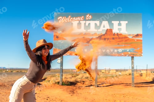 Preview: Woman celebrating freedom traveling monument valley utah desert