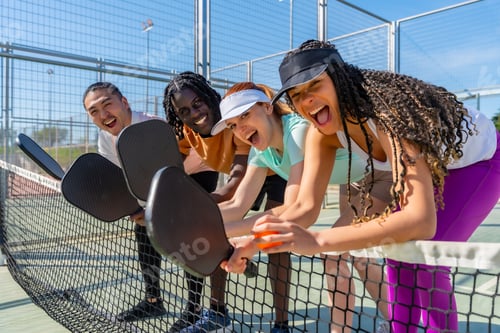 Preview: Diverse friends enjoying pickleball game on court