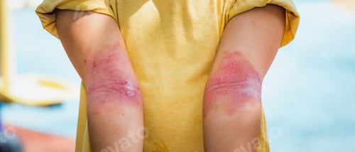 Preview: Close-up of a child's arms showing red, inflamed, dry skin in the inner elbows, indicating atopic de