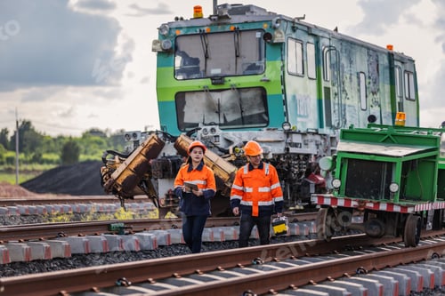 Preview: Railway Engineers Inspecting Maintenance Machinery at Railroad Construction Site