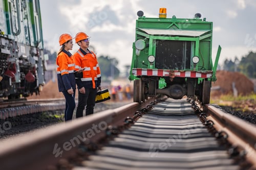 Preview: Railway Construction Engineers Inspecting Track Installation at Modern Railroad Infrastructure Proje