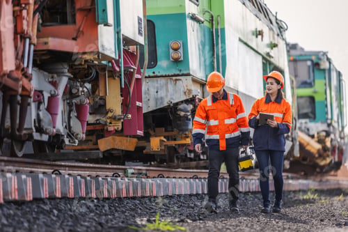Vorschau: Eisenbahningenieure inspizieren Wartungsmaschinen auf der Eisenbahnbaustelle