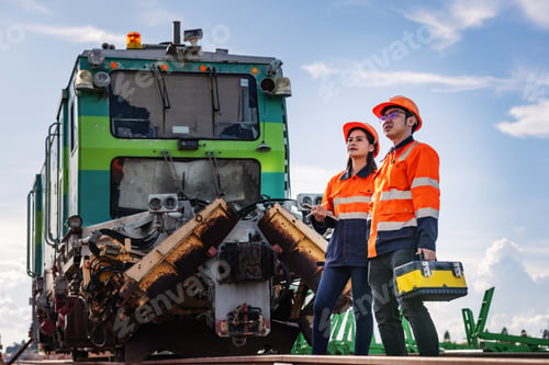 Preview: Determined Railway Engineers Standing Beside Maintenance Train at Railroad Construction Site