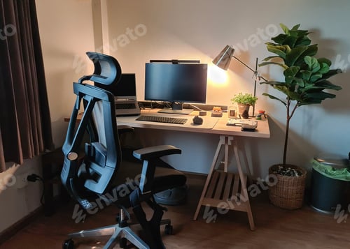 Preview: Working corner with monitor, laptop, wooden desk, ergonomic chair and decorate object
