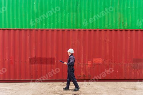 Preview: Male logistics engineer walking and inspecting stacked shipping containers