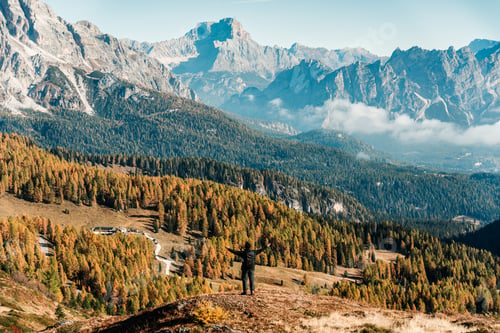 Preview: A man backpack stands overlooking autumn larch forest and Dolomites mountain in Italy