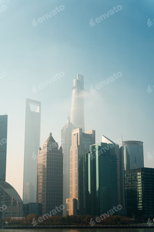 Preview: Shanghai skyline with iconic skyscraper building in morning mist