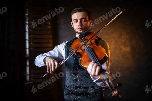 Preview: A male violinist playing instrument behind music stand