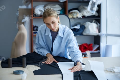 Preview: Woman clothing creators meticulously examine textile positioning and pattern matching