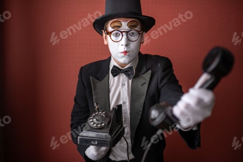 Preview: Male mime actor holding a vintage telephone receiver forward