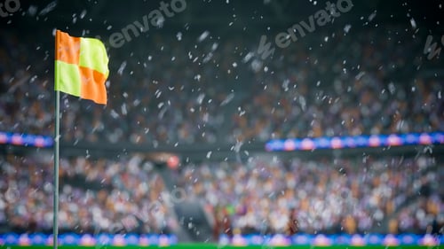 Preview: Computer graphics simulation of snowflakes falling over football corner flag