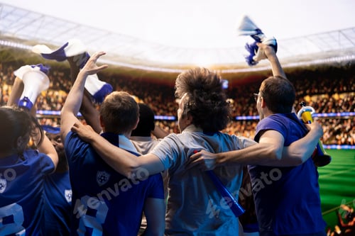 Preview: Soccer supporters embracing shoulder to shoulder in stadium