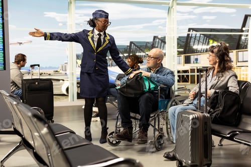 Preview: Friendly flight attendant assisting elderly man in wheelchair with ticket control