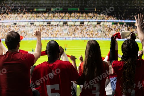 Preview: Wide rear view of soccer fans in red shirts watching live football match