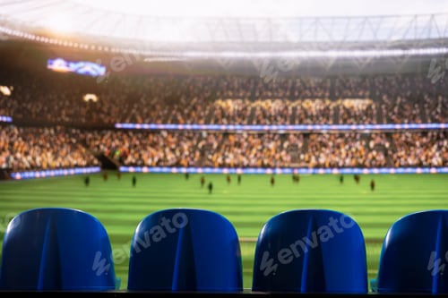Preview: Empty blue stadium seats overlooking blurred soccer match, close up