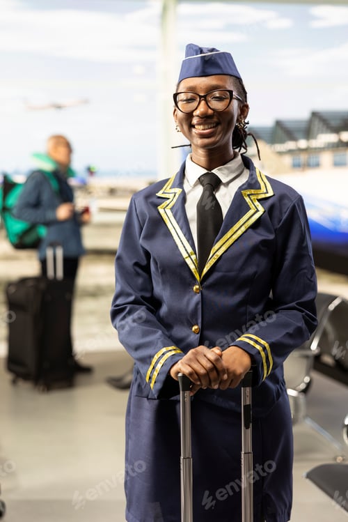Preview: Portrait of African american air hostess in airport terminal with suitcase