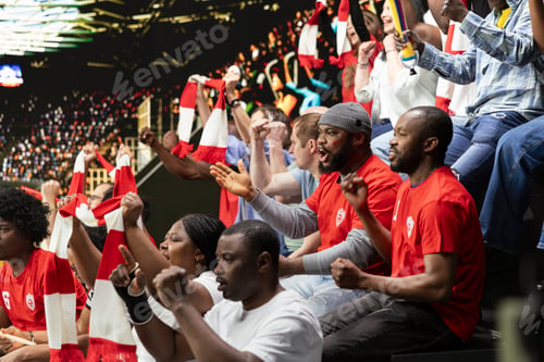 Preview: Diverse football fans watching live soccer match in packed stadium