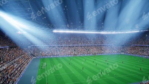 Preview: Football players passing ball on icy stadium pitch, snowy night 3D illustration
