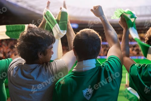 Preview: Close up of football fans lifting arms, cheering together in full stadium