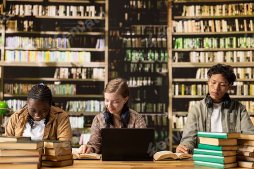 Preview: Students reading and writing quietly with open books and laptop