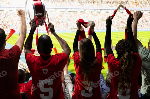 Preview: Back view of passionate supporters cheering in the stadium stands