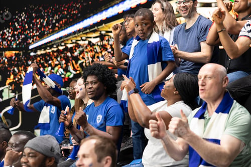Preview: Young soccer fan standing among cheering supporters during live football match