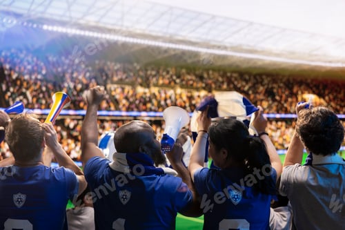 Preview: Football supporters in stadium cheering players with megaphone and horns