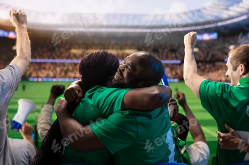 Preview: Soccer fans hugging in stadium stands, delighted by last minute goal