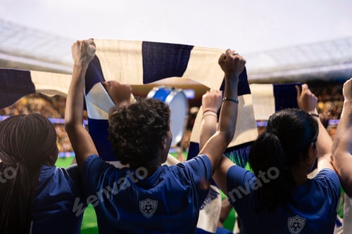 Preview: Rear view of soccer fans lifting scarves in packed stadium