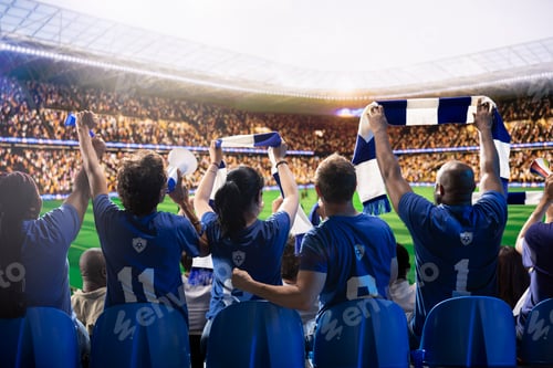 Preview: Soccer fans in blue color jerseys holding supporter scarves in stadium