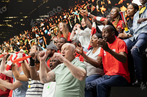 Preview: Ecstatic football supporters cheering and waving scarves after dramatic goal