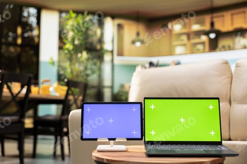 Preview: Chroma key and blue screen in living room indoors with coffee table