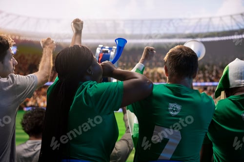 Preview: Rear view of football supporters in team jerseys singing with vuvuzelas,
