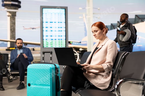 Preview: Professional businesswoman using laptop waiting in airport during business trip