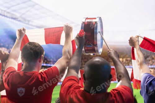 Preview: Large stadium crowd cheering players on football pitch during sunny day