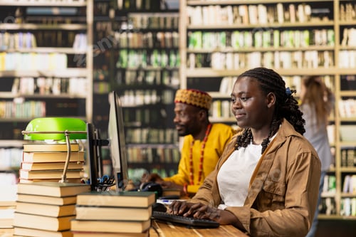 Preview: Black woman student typing at desktop computer in library study area