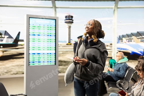 Preview: Black young woman solo traveler waiting in airport terminal with luggage