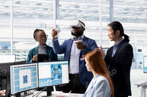Preview: Multiethnic engineering team testing microchip electronics prototypes using VR