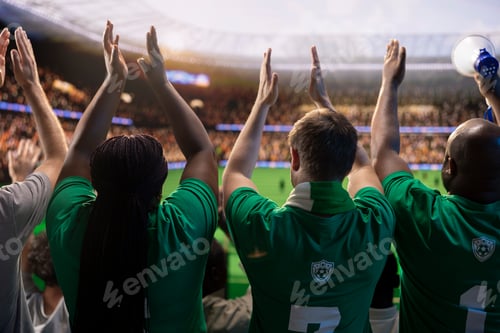 Preview: Back view of football supporters clapping to encourage favorite team