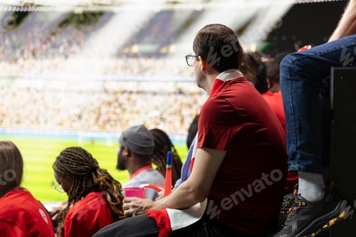 Preview: Rear view of red team football supporters watching live soccer match